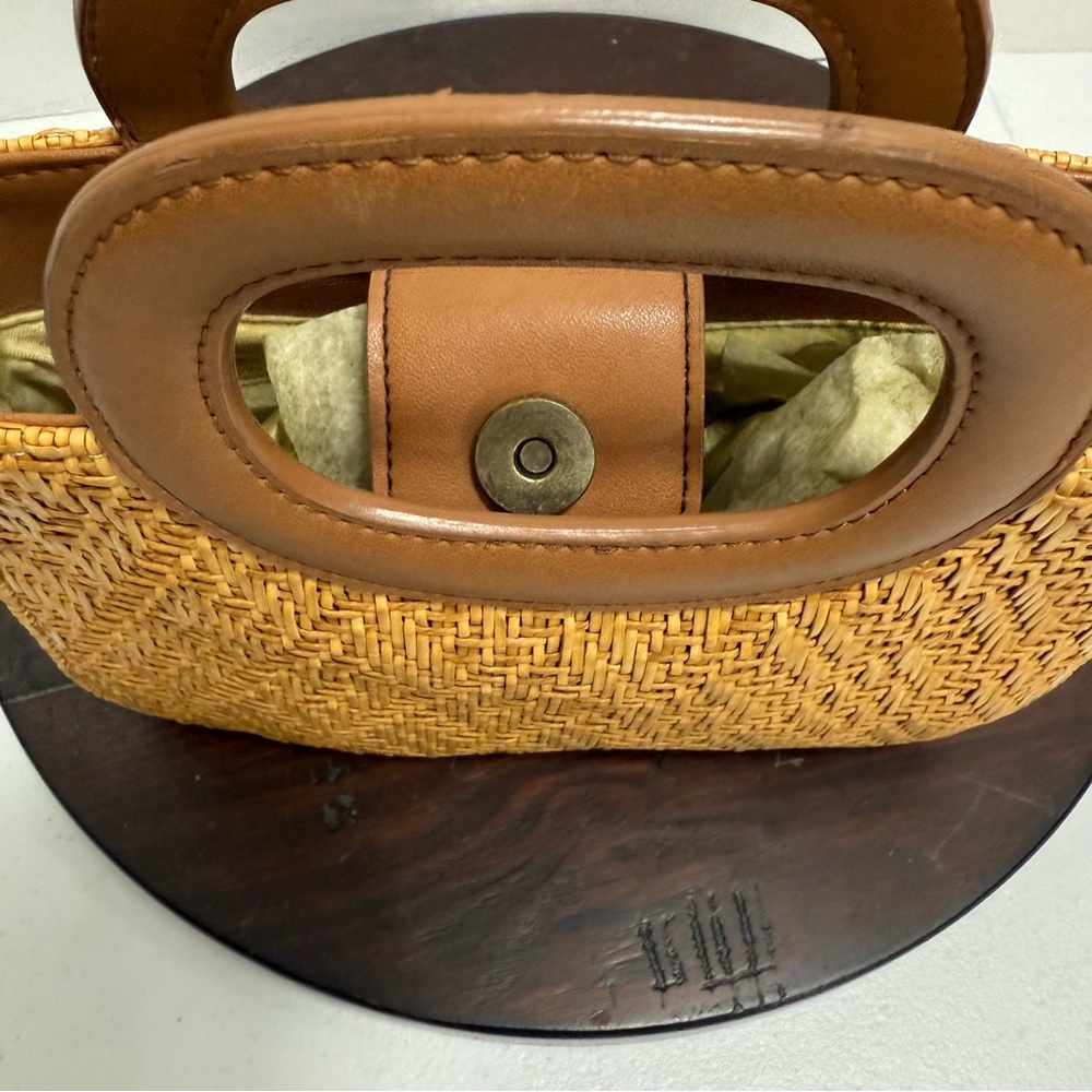 Fossil Handbag Brown Leather with Woven Raffia Double Handles Lined Purse Y2K - Picture 5 of 14